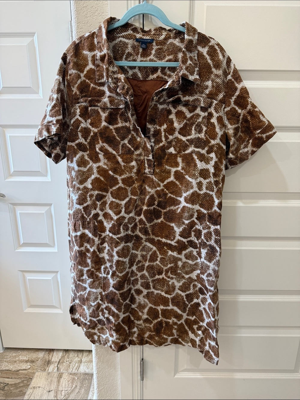 Tommy Hilfiger Brown and Cream Animal-Print Button Dress